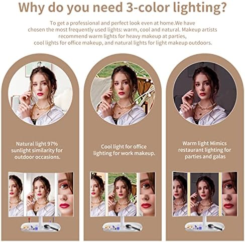 Огледало За Суета За Шминка Огледало Со Светла, 3 Режими на Осветлување во Боја 52 LED Trifold Mirror, 1x 2x 3x Зголемување, Контрола