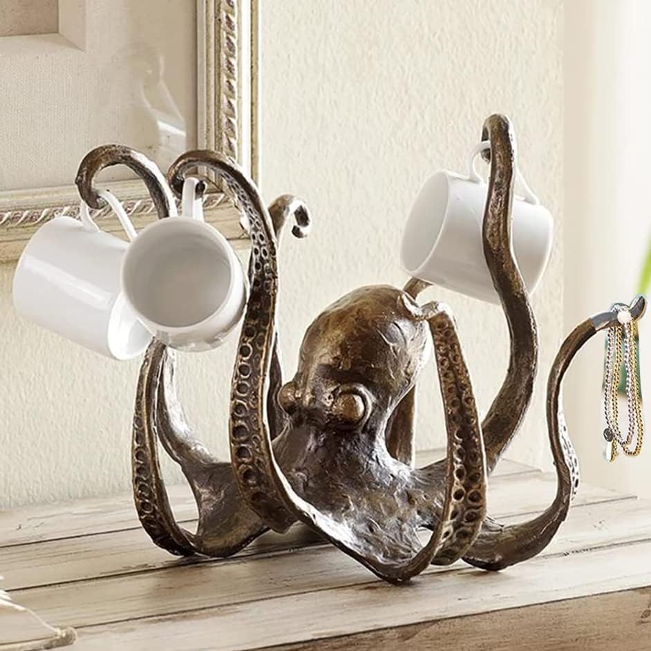 Држач за кригла од октопод, кафе, држач за накит за забавни чаши, занаети за скулптури во октопод, гроздобер стил смола октопод табела за статуција