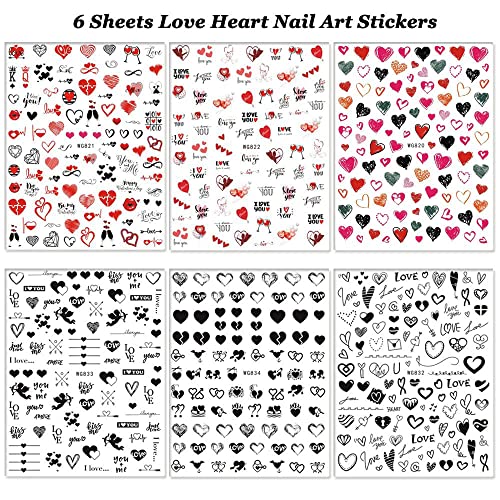 Налепници за уметност на Денот на в Valentубените, срцеви за нокти за срцев ден, Ден на в Valentубените Ден 3Д за уметност на ноктите, црно црвено