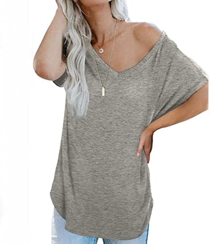 Есен лето лабаво вклопување опуштено вклопување врвен маица за девојки 2023 памук со краток ракав длабок v врат -бранч обична