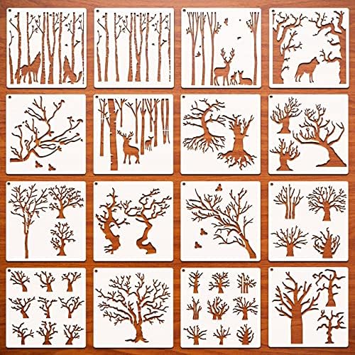 16 парчиња дрвја матрици шумски животински сликарство матрици за еднократно елен матрица пластична уметност цртање шаблони DIY