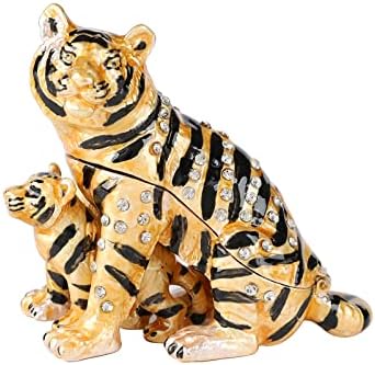 Qifu Tiger Figurine Enamel Trinket Box Hinged, рачно насликани украси со кристал за сјај
