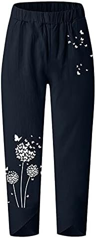 Wybaxz 2023 Модни пантацо панталони со џебови капри панталони за жени печати памучни постелнини панталони широко нога кратко лето
