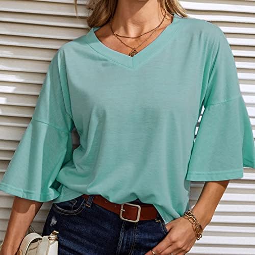 2023 Краток 1/2 bellвоно ракав памучен обичен обичен лабава лабава вклопување опуштена фитла блуза маица за девојки длабоко против