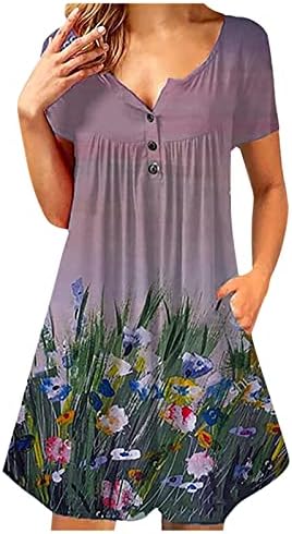 Niuqi фустани за жени 2022 случајно копче околу вратот на вратот плетенка на коленото должина Хенли Туника фустан со џебови