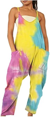 LMSXCT женски без ракави спојувања летни шпагети ленти со долги панталони ромпер -случајни цвеќиња широки комбинезони со нозе со џебови
