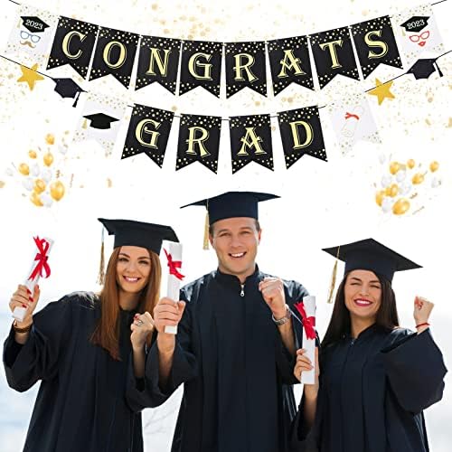 Честитки Градски банер црни и златни дипломирани украси Банер 2023 | Честитки за постдипломски транспарент | Декорации за дипломирање 2023