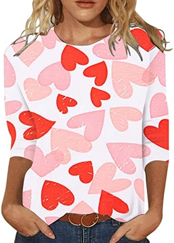 Денот на в Valentубените маица женски слатки срцеви графички маички 3/4 ракав обичен бејзбол врвен кошула мода слатки врвови туника