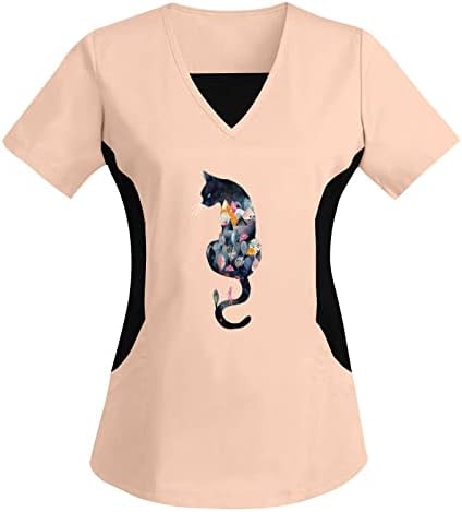 Women'sенски SCRUBS_TOPS Печати мачки шема V-вратот за крпење кошули Топ модни женски маички за кратки ракави за кратки ракави