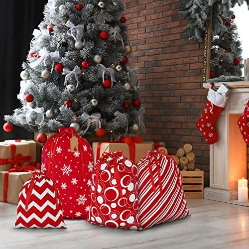 Анеко 6 парчиња Божиќна торба за подароци со црвена и бела ткаенина Божиќна торба за влечење памук сегашни торби за завиткување