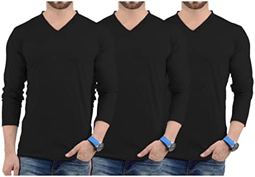 Multipack со маички со долги ракави на вратот V вратот - меки удобни маици со целосни ракави за мажи за 3 пакувања од 3